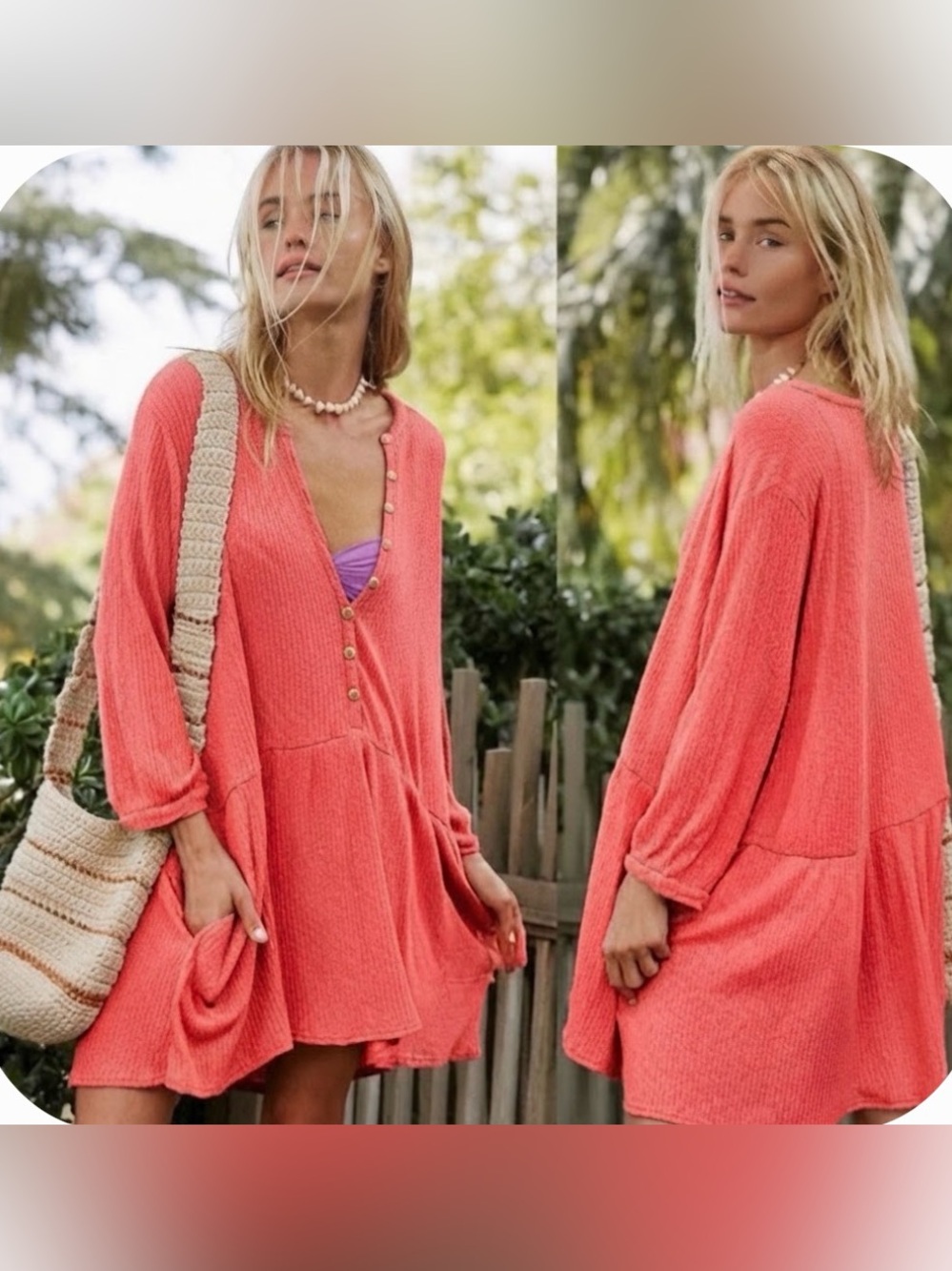 Free People FP Beach Coral Ribbed Blossom Button-Up Tunic Dress